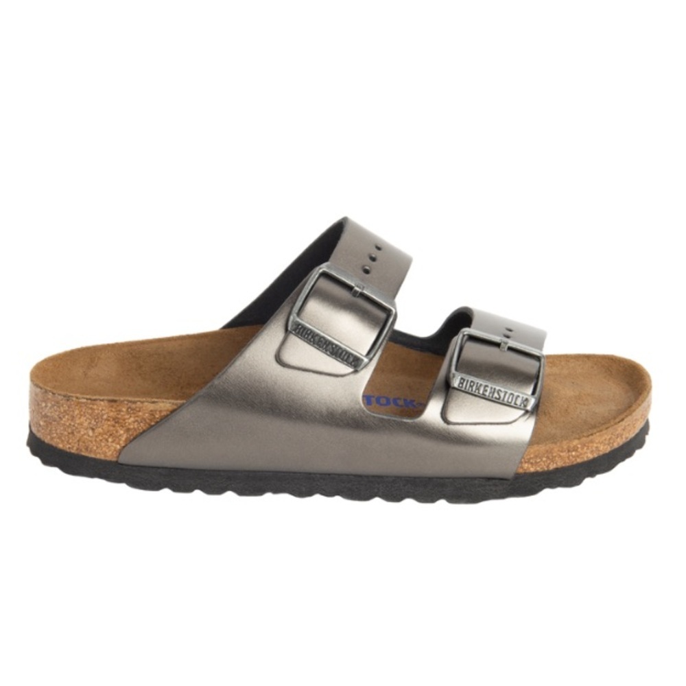 Birkenstock Arizona Metallic Leather Pewter 2 Buckle Eva Cork Minimalist Sandals